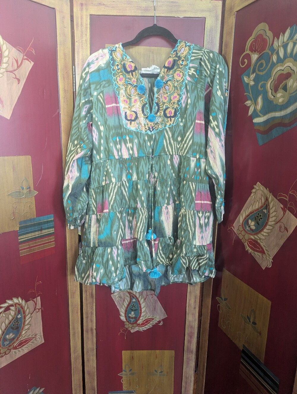 Figue Embroidered Boho Mini Dress Sz S Green Ikat Tassel Tunic Summer Festival